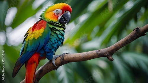 A vibrant, rainbow-colored parrot perched on a tropical branch. red and yellow macaw