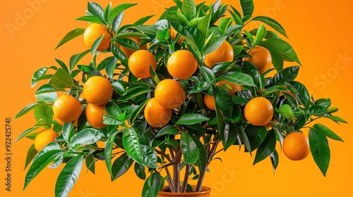  A close-up shot of a tree with oranges in a vase against an orange backdrop, featuring leaves on the branches