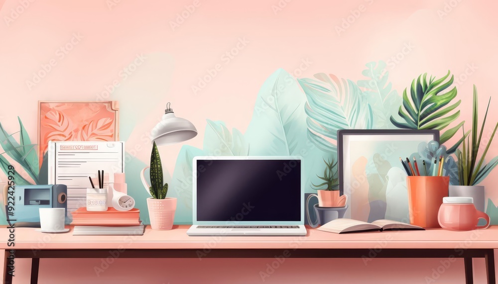 Ordered flat design, front view, organized workspace theme, water color, Triadic Color Scheme Ordered flat design, front view, organized workspace theme, water color, Triadic Color Scheme