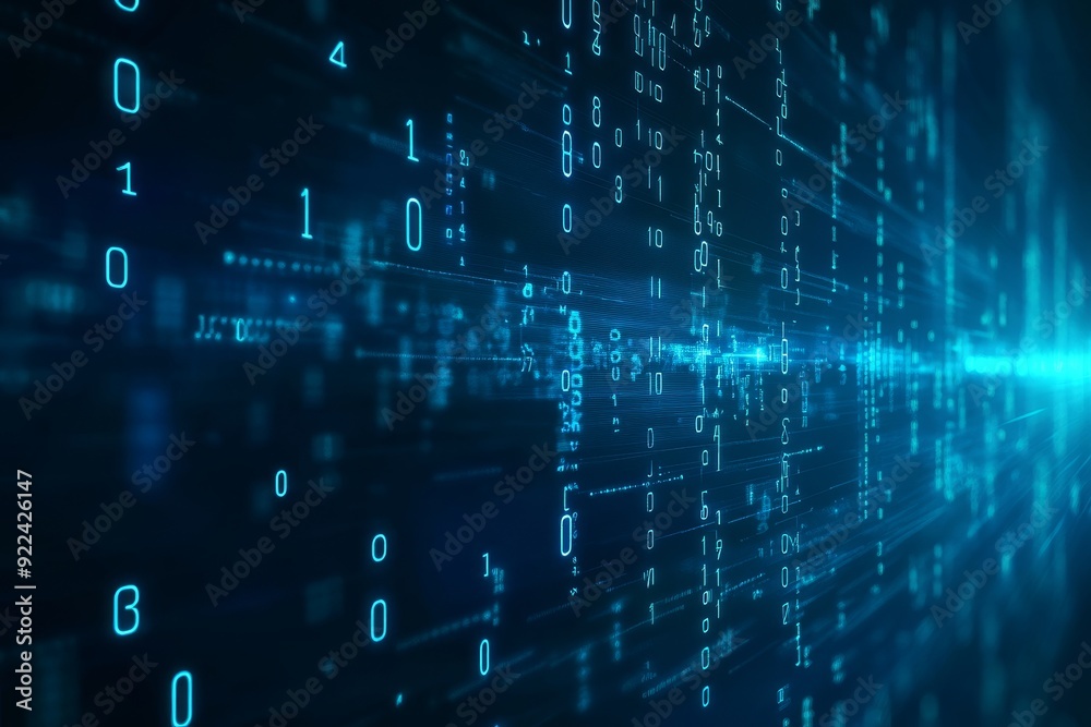 Computer Coding With Matrix Digital code matrix in blue with rows and columns of numbers and ...