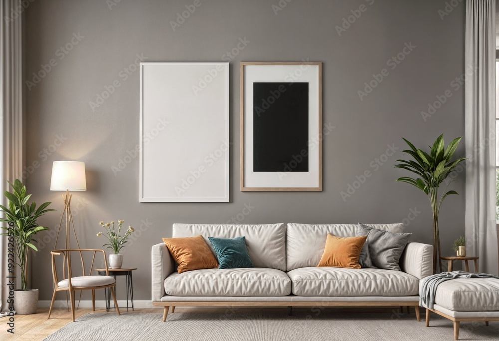 The image shows a modern living room with a large, blank white wall as the focal point. The image shows a modern living room with a large, blank white wall as the focal point.