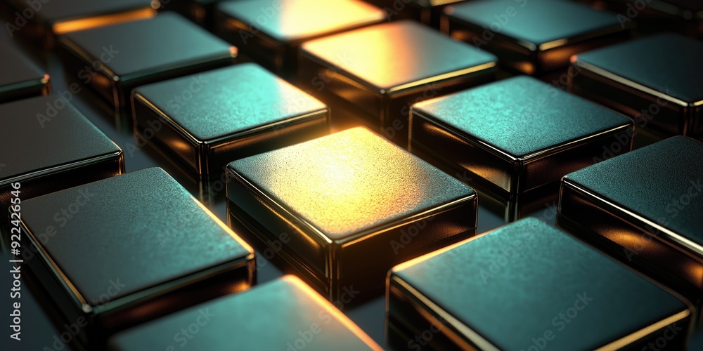 Fototapeta premium Shiny Metallic Surface of Gold and Silver Cubes with Dramatic Lighting