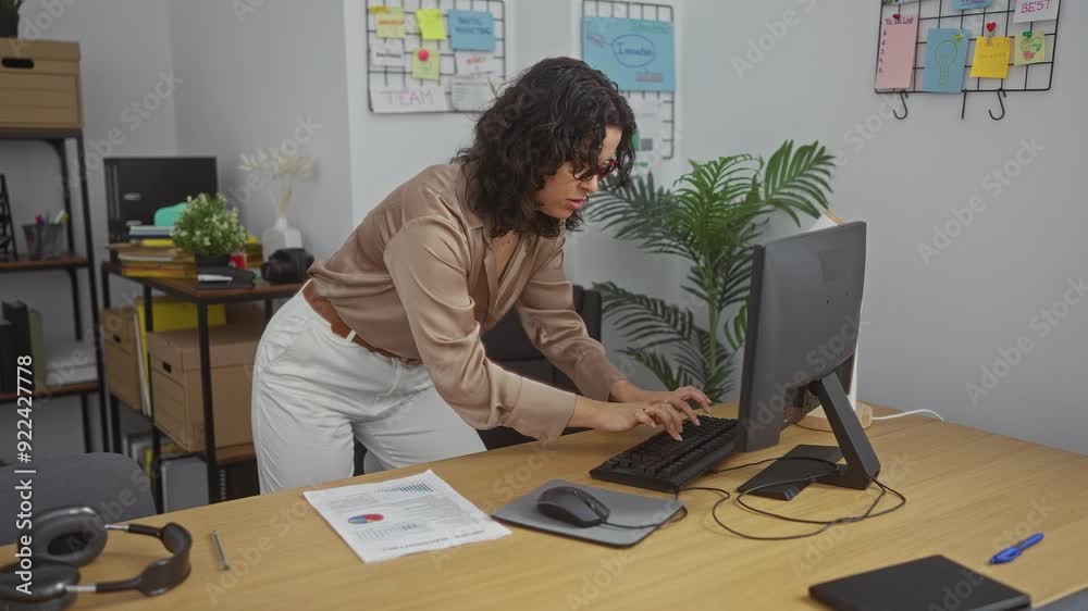 A young, attractive hispanic woman working on her computer and dancing in a modern indoor office setting filled with shelves, plants, and a desk with documents and office supplies. A young, attractive hispanic woman working on her computer and dancing in a modern indoor office setting filled with shelves, plants, and a desk with documents and office supplies.
