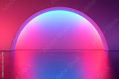 The background is an abstract pathway leading to three 3D renderings of blue and pink neon light circles reflecting on the floor in the background.