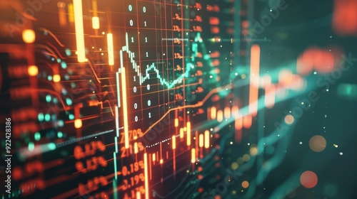 Double Exposure Economic Recession and Boom: Double exposure of an economic recession with falling red graph lines and an economic boom with rising green graph lines, overlaid on a digital screen