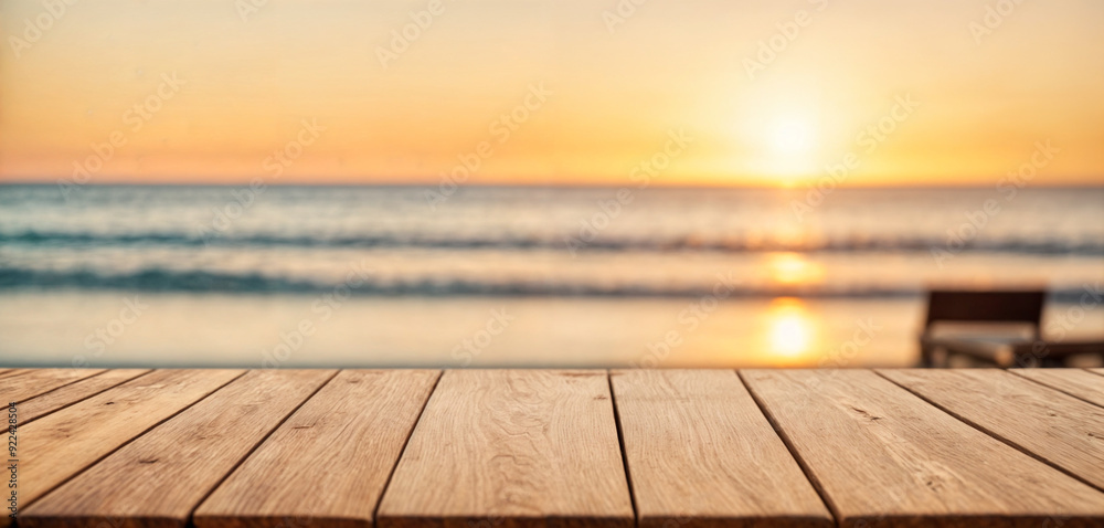 Empty summer holidays background. Horizontal travel banner for advertising product. Wooden table top in front, blurred paradise vacation. Panoramic empty bar counter in focus Empty summer holidays background. Horizontal travel banner for advertising product. Wooden table top in front, blurred paradise vacation. Panoramic empty bar counter in focus
