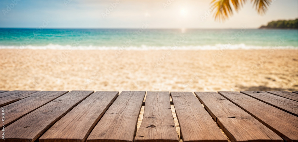 Fototapeta premium Empty summer holidays background. Horizontal travel banner for advertising product. Wooden table top in front, blurred paradise vacation. Panoramic empty bar counter in focus