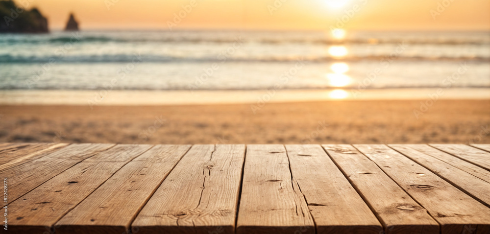 Empty summer holidays background. Horizontal travel banner for advertising product. Wooden table top in front, blurred paradise vacation. Panoramic empty bar counter in focus Empty summer holidays background. Horizontal travel banner for advertising product. Wooden table top in front, blurred paradise vacation. Panoramic empty bar counter in focus