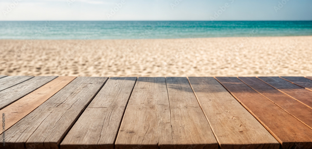 Empty summer holidays background. Horizontal travel banner for advertising product. Wooden table top in front, blurred paradise vacation. Panoramic empty bar counter in focus Empty summer holidays background. Horizontal travel banner for advertising product. Wooden table top in front, blurred paradise vacation. Panoramic empty bar counter in focus