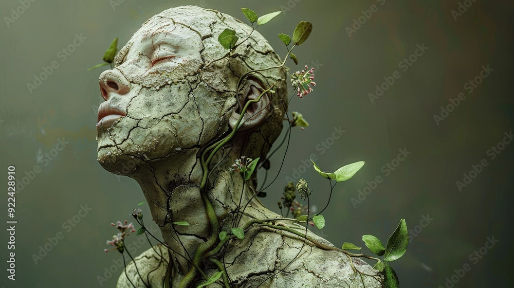Fototapeta premium A serene figure adorned with vines and flowers, embodying a connection between humanity and nature, exuding tranquility