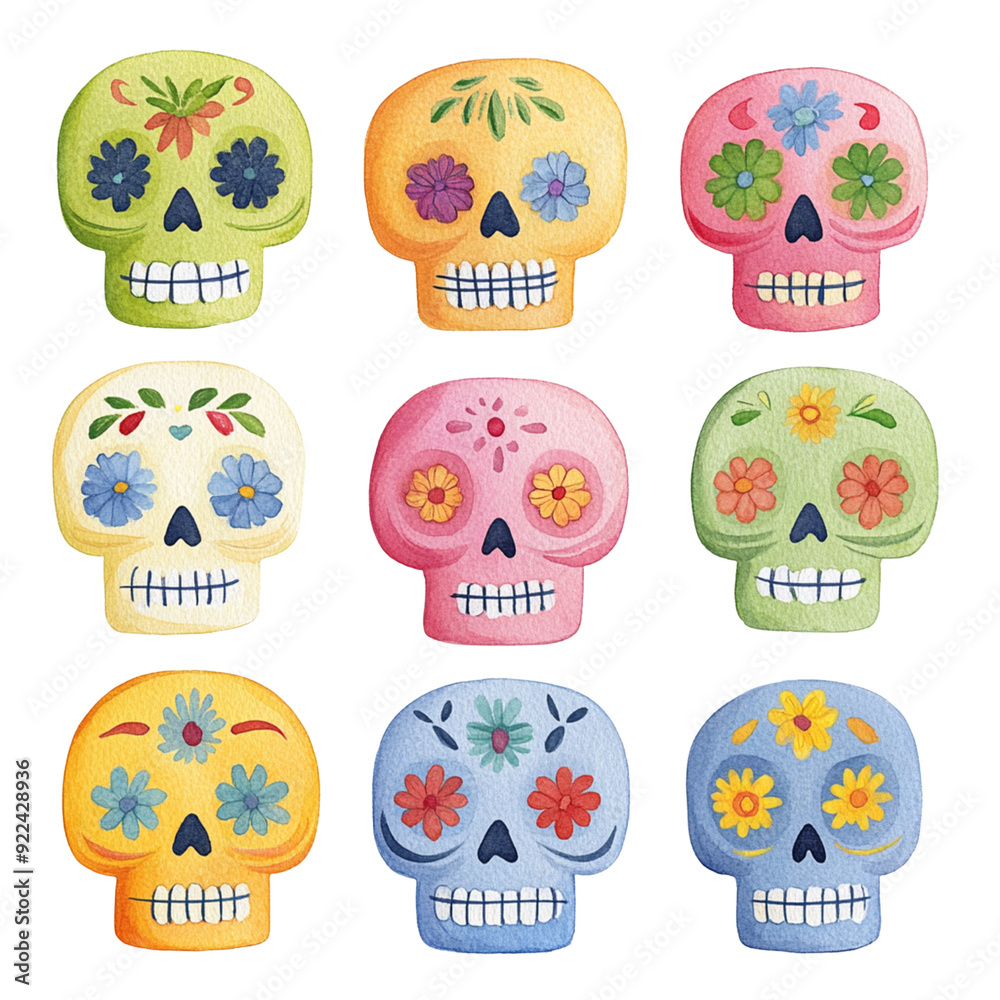A collection of colorful sugar skulls with intricate floral patterns, ideal for celebrating the Day of the Dead and Halloween A collection of colorful sugar skulls with intricate floral patterns, ideal for celebrating the Day of the Dead and Halloween