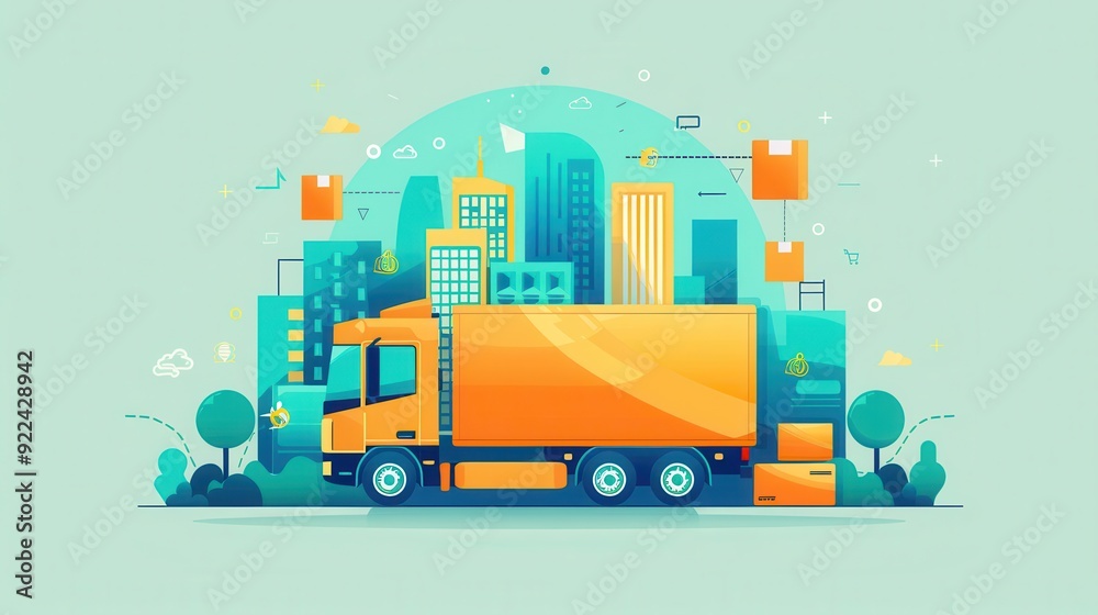 E-commerce logistics, delivery trucks and shipping boxes, flat design illustration E-commerce logistics, delivery trucks and shipping boxes, flat design illustration