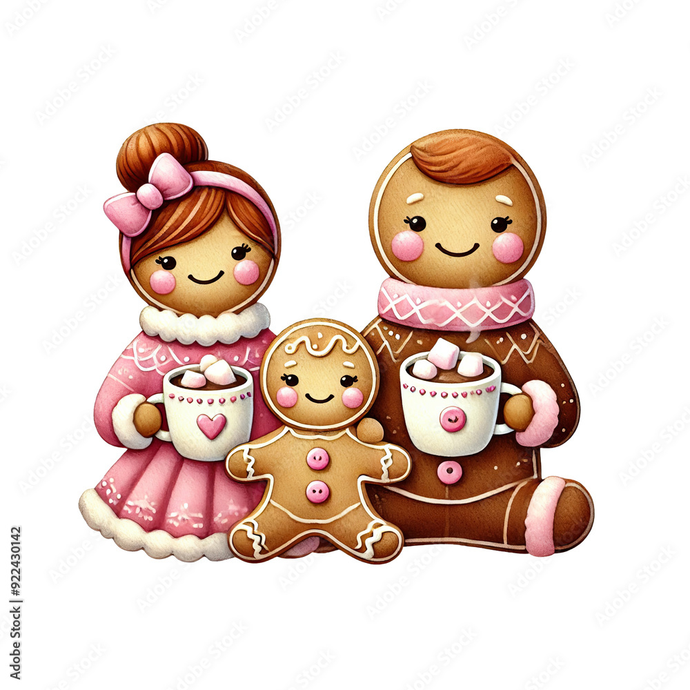 Cute gingerbread family holding mugs of hot chocolate, dressed in festive attire, perfect for Christmas.