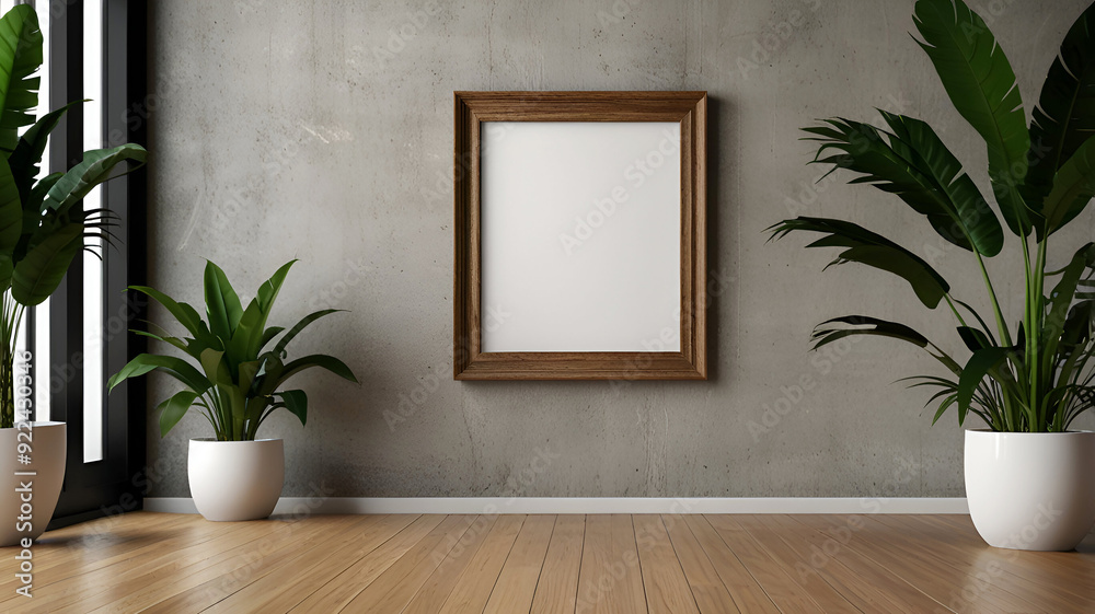 Blank photo frame mockup with tropical Plants on green Wall background, 
