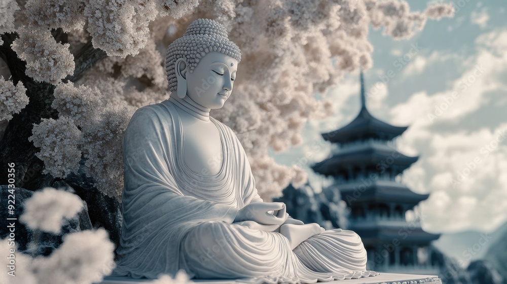 Fototapeta premium Majestic white Buddha statue sitting in a meditative pose under a series of elegant, arched structures, exuding an ethereal and calm atmosphere.