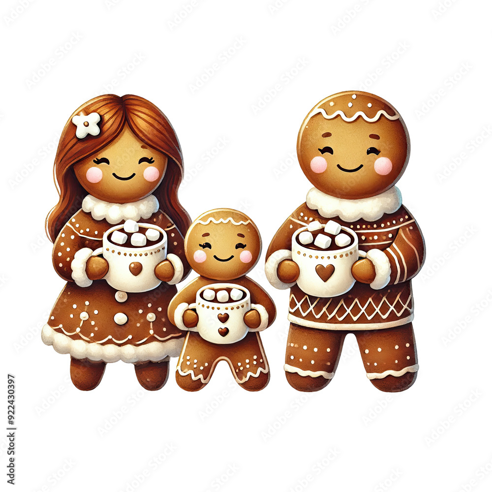 Cute gingerbread family holding mugs of hot chocolate, dressed in festive attire, perfect for Christmas. Cute gingerbread family holding mugs of hot chocolate, dressed in festive attire, perfect for Christmas.