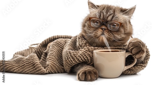   A feline adorned with a sweater, glasses perched on its nose, sipping coffee from a cup ensconced within a cozy blanket on a pristine white photo