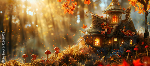 Cozy Witch's Cottage Nestled in a Magical Forest with Colorful Autumn Leaves and Whimsical Glowing Mushrooms. Warm Golden Light from Setting Sun Creates an Inviting Yet Mystical Halloween Scene.