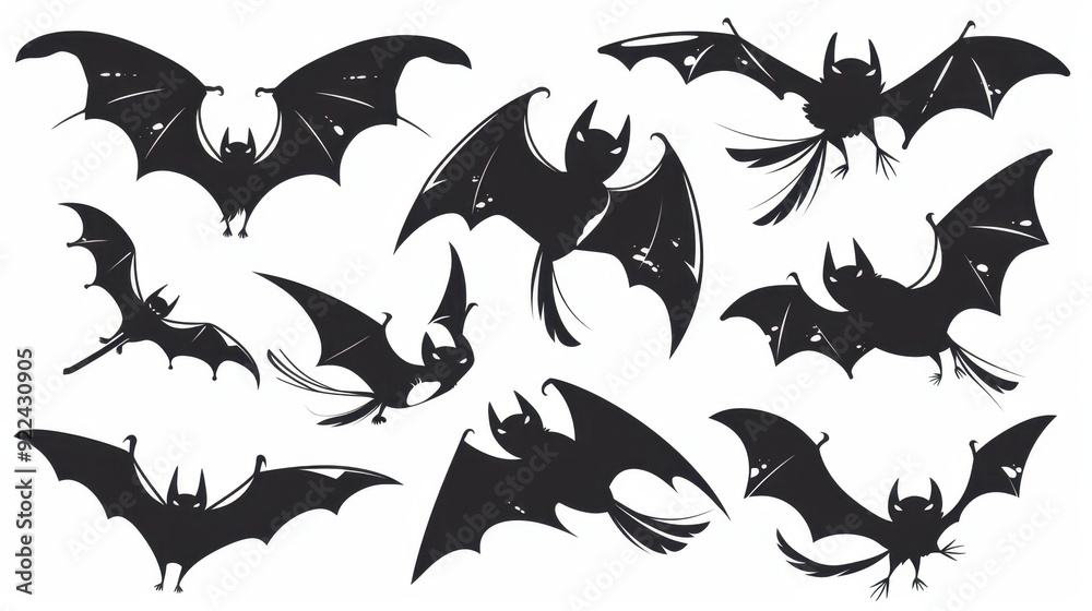 Naklejka premium Design black silhouette illustrations of spooky Halloween ฺbat in various activities, with bold lines 