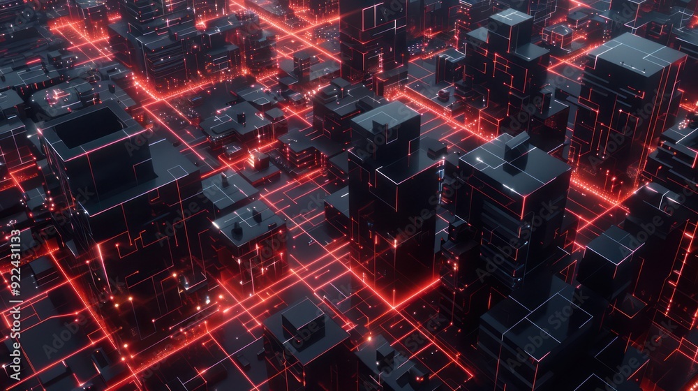 Neon Cityscape - A futuristic city with glowing red lines and black buildings Neon Cityscape - A futuristic city with glowing red lines and black buildings