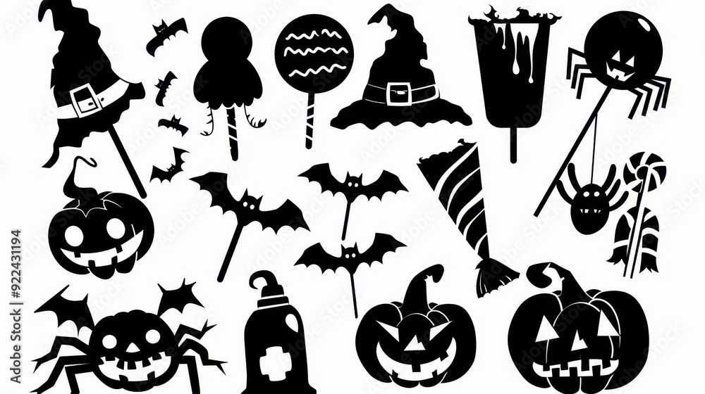 Black silhouette illustrations of spooky Halloween Cute candy in various activities, with bold lines Black silhouette illustrations of spooky Halloween Cute candy in various activities, with bold lines