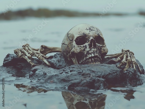 A haunting skeleton partially submerged in dark water, evoking themes of mystery and the passage of time.