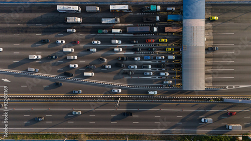Aerial view gate for expressway fee payment in the city.