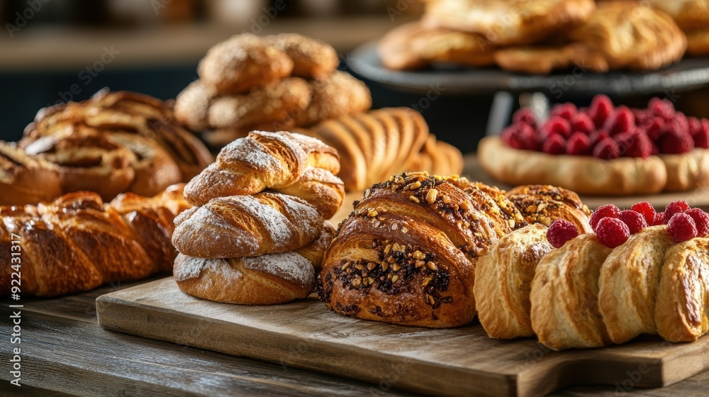 An inviting array of freshly baked pastries sits on a rustic wooden board, showcasing the delicious variety of breads, croissants, and sweet treats. An inviting array of freshly baked pastries sits on a rustic wooden board, showcasing the delicious variety of breads, croissants, and sweet treats.