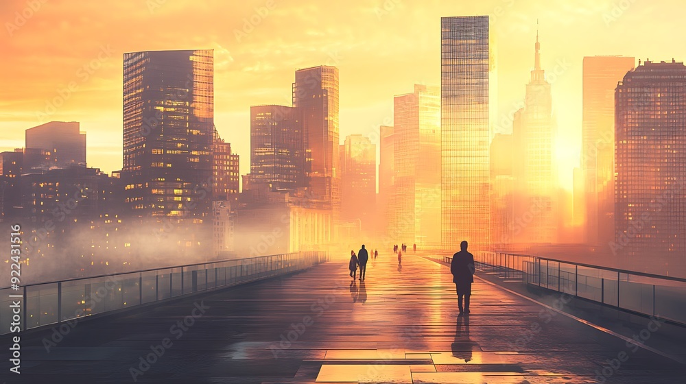 Fototapeta premium Cityscape with Silhouettes of People Walking on a Rooftop at Sunset