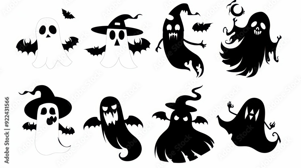 Fototapeta premium Black silhouette illustrations of spooky Halloween Cute Ghost in various activities, with bold lines