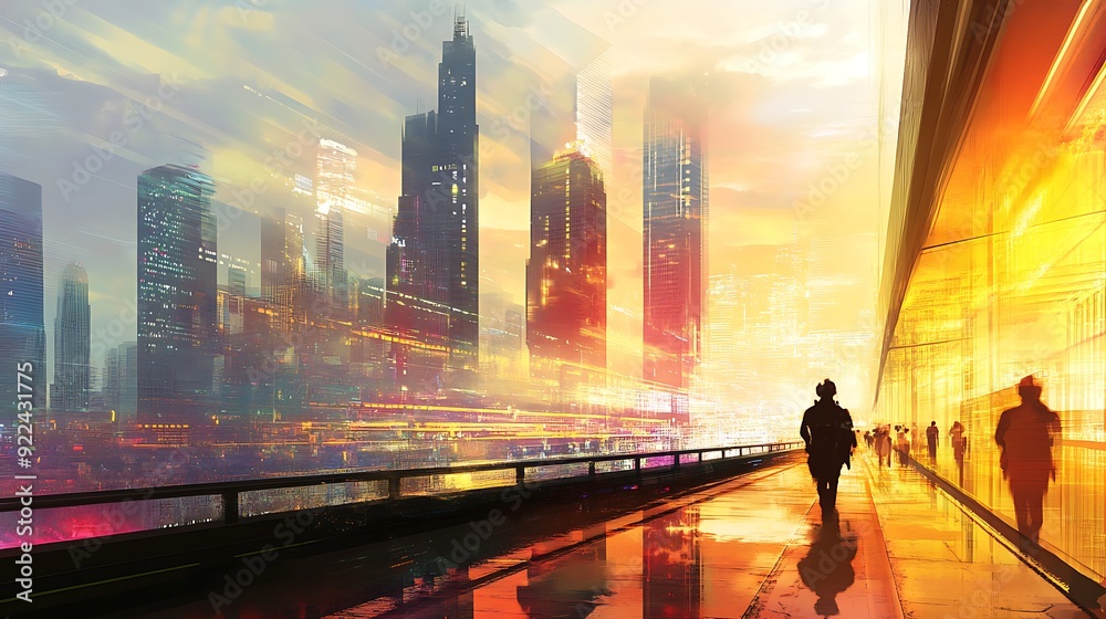 Fototapeta premium A Person Walks Through a Futuristic Cityscape at Sunset