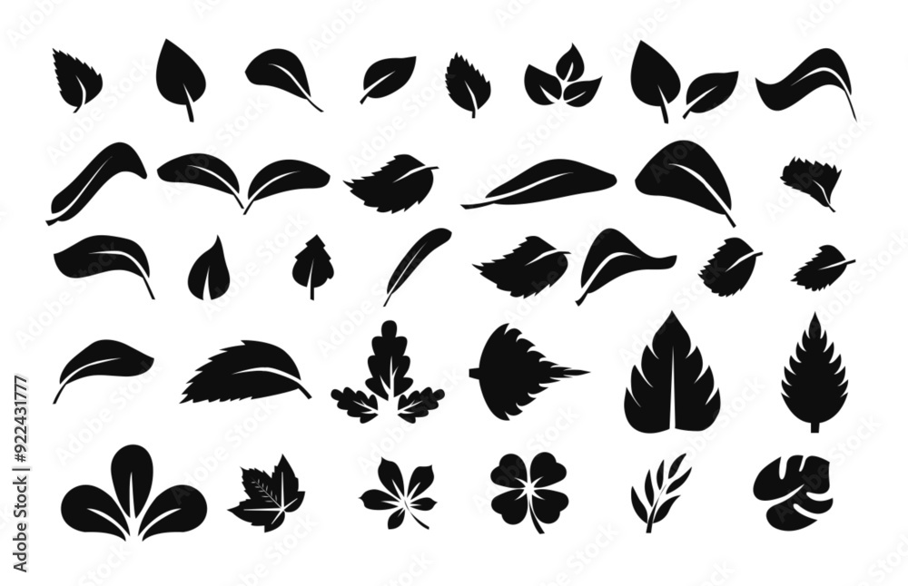 Set of green leaf icons silhouette . Leafs green color icon logo. Leaves on white background. Ecology. Vector illustration Set of green leaf icons silhouette . Leafs green color icon logo. Leaves on white background. Ecology. Vector illustration