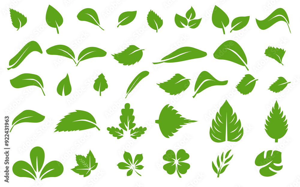 Set of green leaf icons. Green color. Leafs green color icon logo. Leaves on white background. Ecology. Vector illustration. Set of green leaf icons. Green color. Leafs green color icon logo. Leaves on white background. Ecology. Vector illustration.