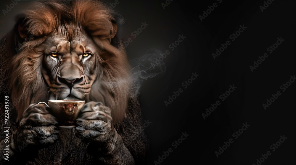 A lion sips coffee with cigarettes in its mouth and paws resting on its face A lion sips coffee with cigarettes in its mouth and paws resting on its face