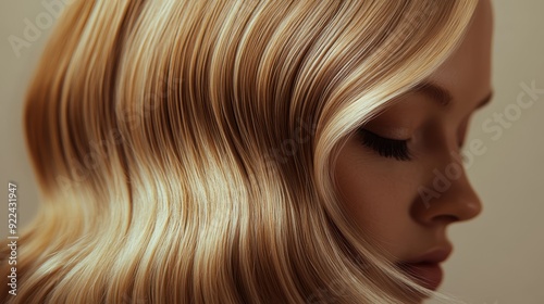 A close-up profile shot of a woman showcasing her sleek, glossy, and meticulously styled blonde hair. The soft waves mirror elegance and sophistication.