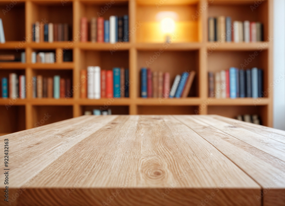 white The empty wooden table top with blur background of bookcase. Exuberant image white The empty wooden table top with blur background of bookcase. Exuberant image