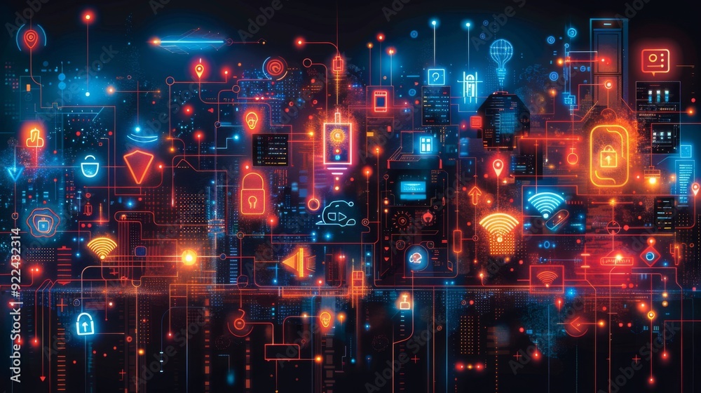 Curate a neon series of smart security system symbols, including Curate a neon series of smart security system symbols, including
