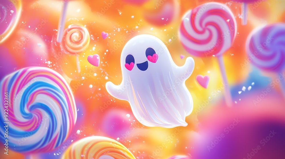 A playful ghost surrounded by colorful lollipops in a whimsical candy landscape, perfect for Halloween or sweet-themed projects. A playful ghost surrounded by colorful lollipops in a whimsical candy landscape, perfect for Halloween or sweet-themed projects.
