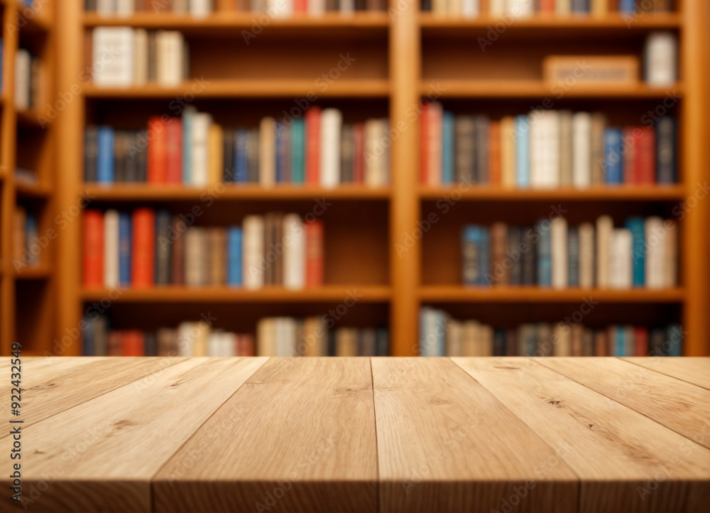 white The empty wooden table top with blur background of bookcase. Exuberant image white The empty wooden table top with blur background of bookcase. Exuberant image