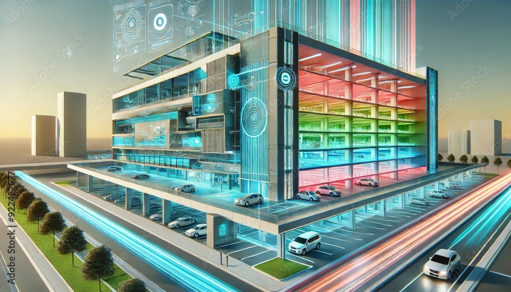 3D rendering of a futuristic multi-level parking structure with advanced technology and neon lights, showcasing a modern, smart city concept 3D rendering of a futuristic multi-level parking structure with advanced technology and neon lights, showcasing a modern, smart city concept