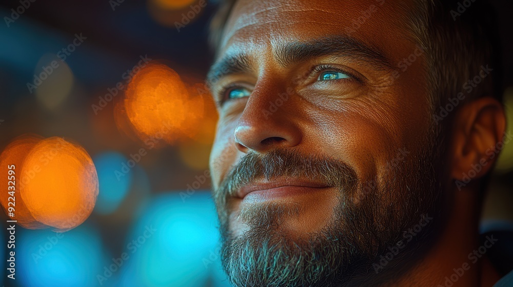 A man with a contemplative and serene look, basking in soft, warm light with a background of blurred, glowing circles. A man with a contemplative and serene look, basking in soft, warm light with a background of blurred, glowing circles.