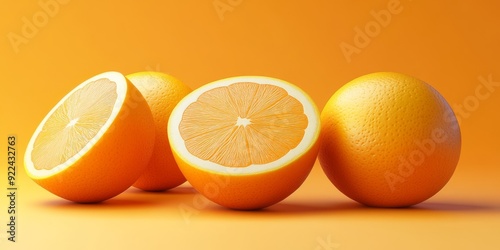 The image presents a vibrant and lifelike display of realistic 3D oranges, highlighting both whole fruits and juicy, fresh slices, all set against a bright and inviting orange background photo