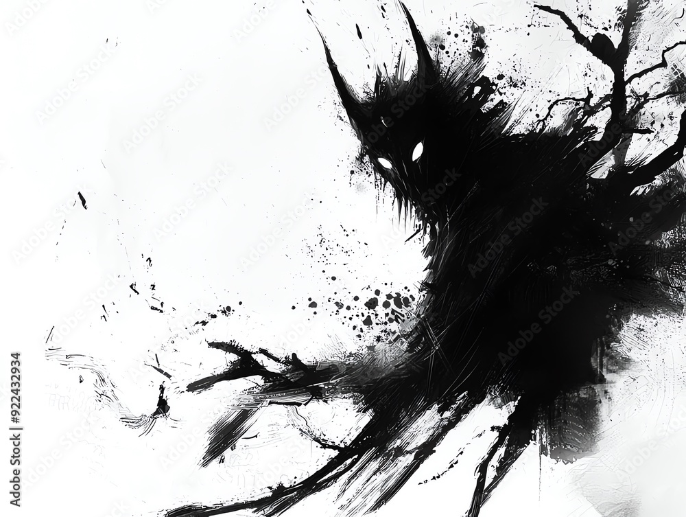 A striking abstract creature design featuring dark splashes and ink-like textures, evoking mystery and intrigue. A striking abstract creature design featuring dark splashes and ink-like textures, evoking mystery and intrigue.
