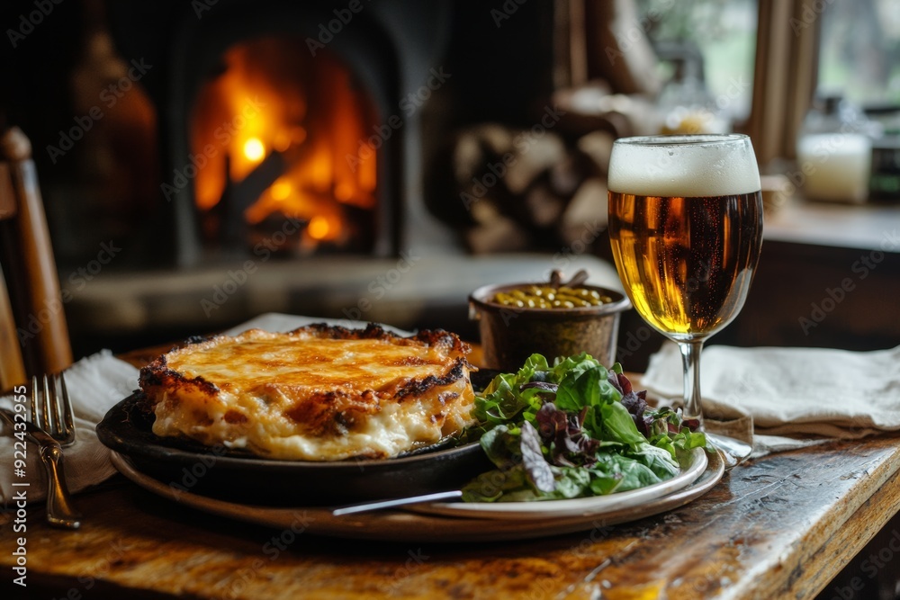 table set with Welsh rarebit along with a glass of ale and traditional accompaniments, such as a green salad and mustard, against a warm, inviting backdrop table set with Welsh rarebit along with a glass of ale and traditional accompaniments, such as a green salad and mustard, against a warm, inviting backdrop