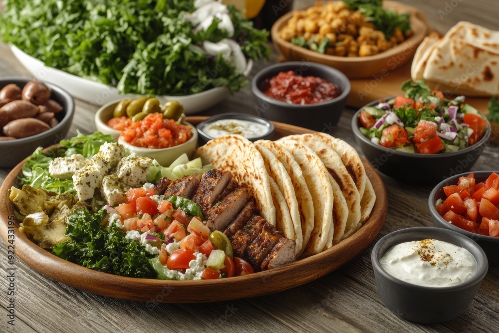 table setting featuring a gyros or gyro  platter, with various fillings like lamb, chicken, and falafel, alongside side dishes like Greek salad and olives