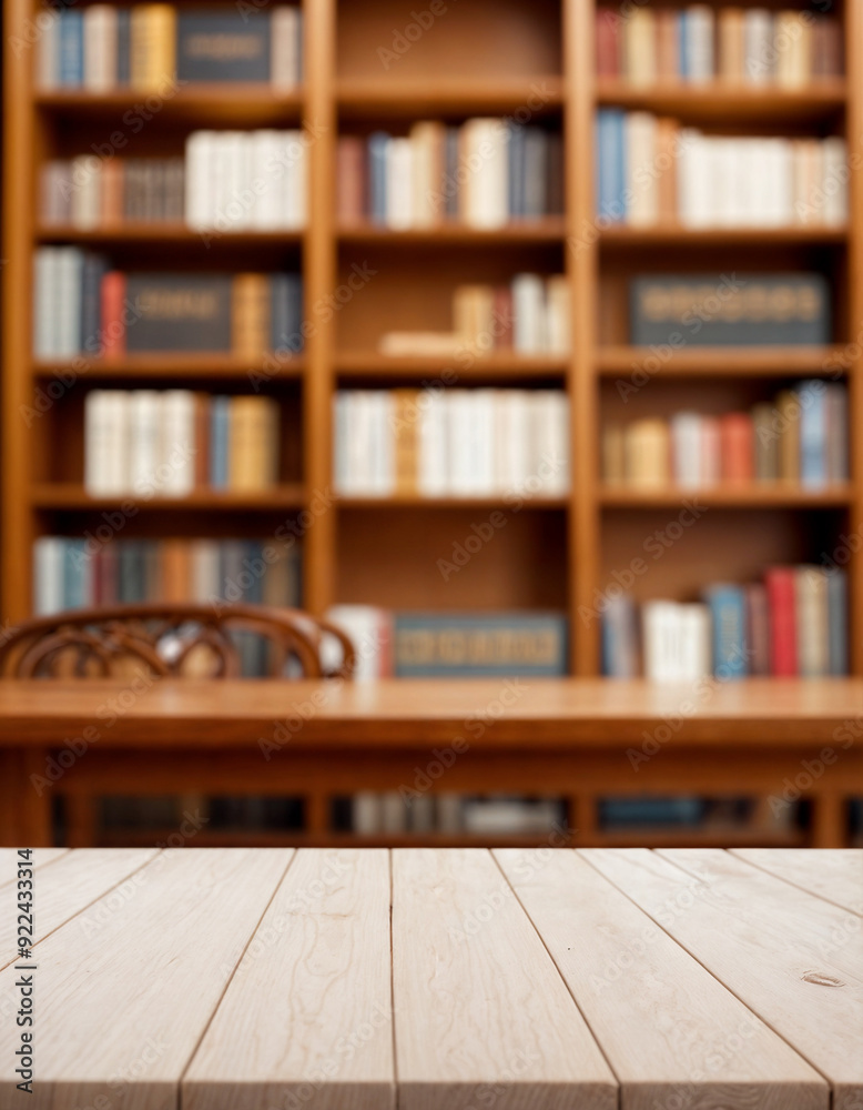 white The empty wooden table top with blur background of bookcase. Exuberant image white The empty wooden table top with blur background of bookcase. Exuberant image