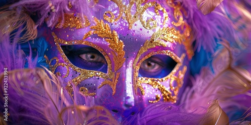 A close-up of a purple and gold masquerade mask with feathers, revealing a single eye.