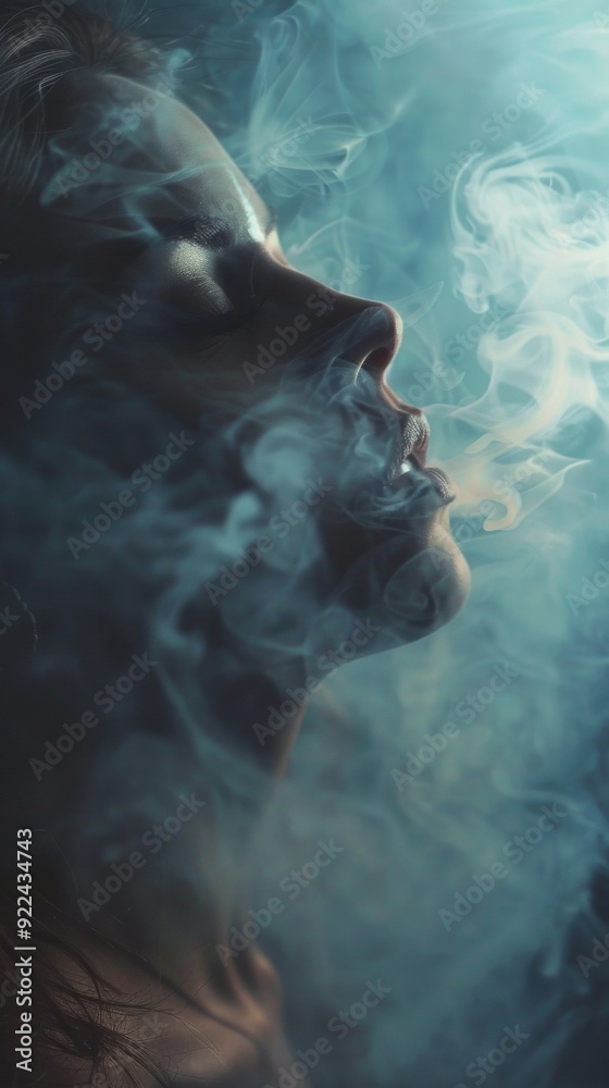 Fototapeta premium A vaporwave portrait of a woman, enveloped in gray smoke, exudes mystery and romance. Her eyes closed, facing left, adding abstraction.