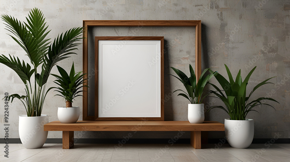 Blank photo frame mockup with tropical Plants on green Wall background, Blank photo frame mockup with tropical Plants on green Wall background,