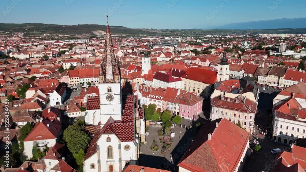 Aerial footage at Sibiu old town on a suny afternoon.